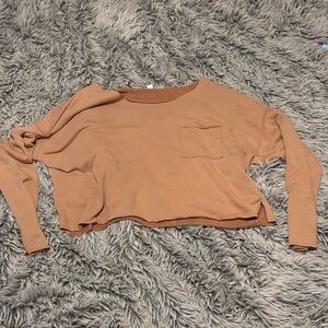 Aerie Brown Off-The-Shoulder Crop Top Sweatshirt with Pocket